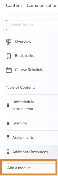 Figure 34 table of contents with option to add folder Brightspace language module at the bottom of the TOC_1